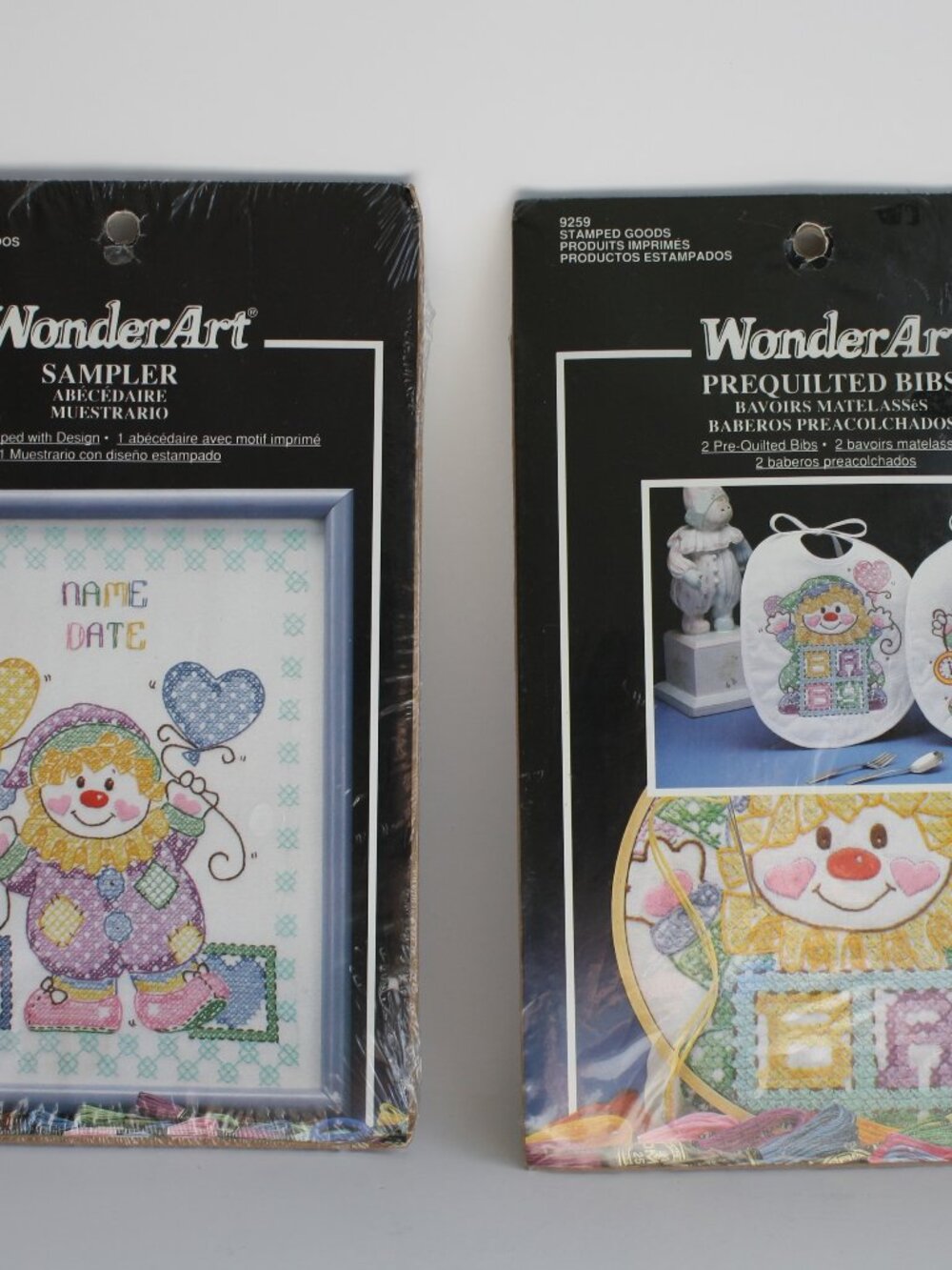 2 vintage WonderArt Sampler and Quilted bibs Clown pattern NBU Needlecraft kits